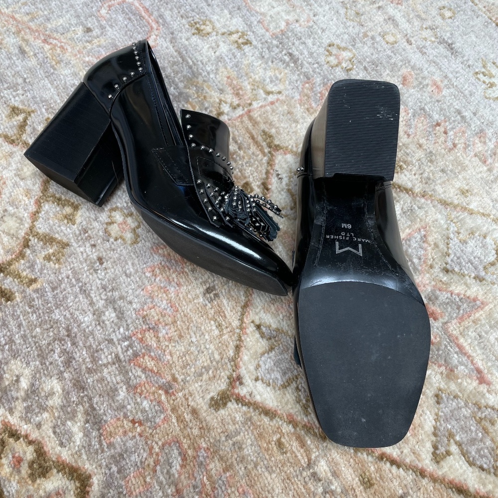 Marc Fisher Heeled Black Patent Loafer w Tassel